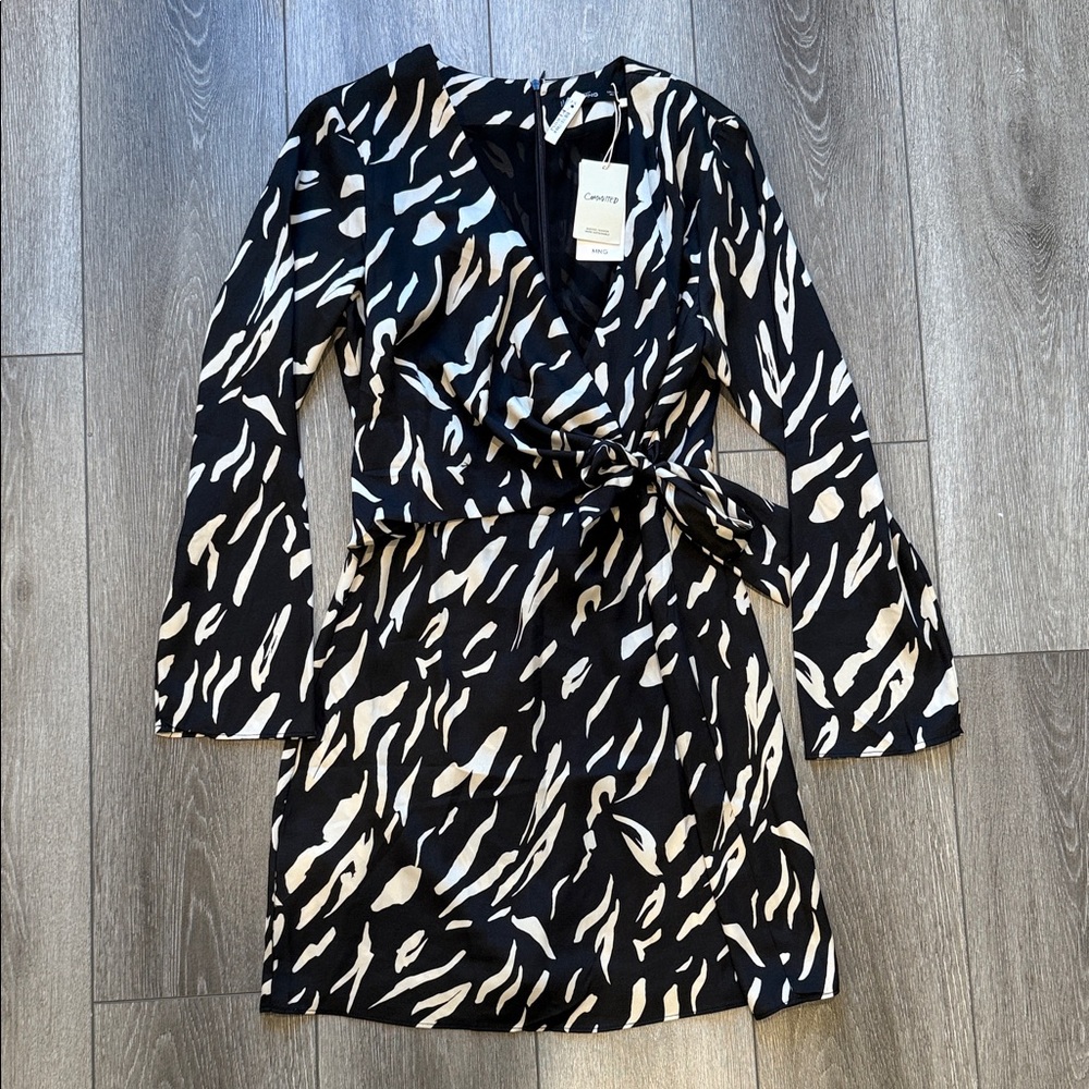 Mango Black and Beige Patterned Long Sleeve Dress